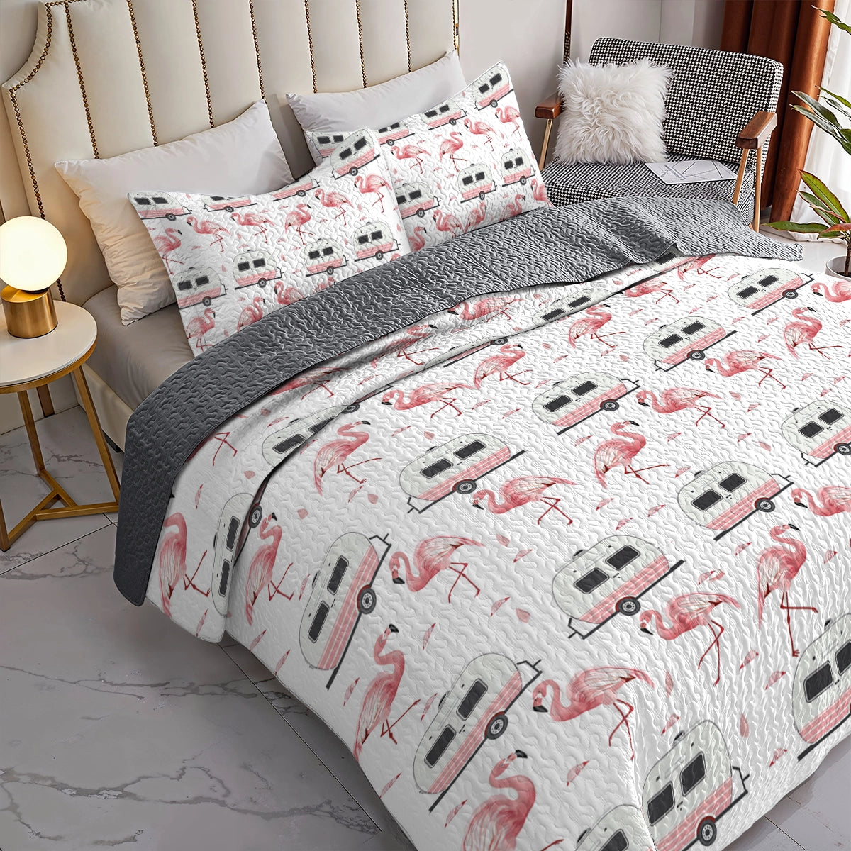 Shineful All Season Quilt 3-Piece Set Pink Flamingo Camper