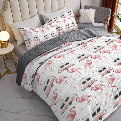 Shineful All Season Quilt 3-Piece Set Pink Flamingo Camper