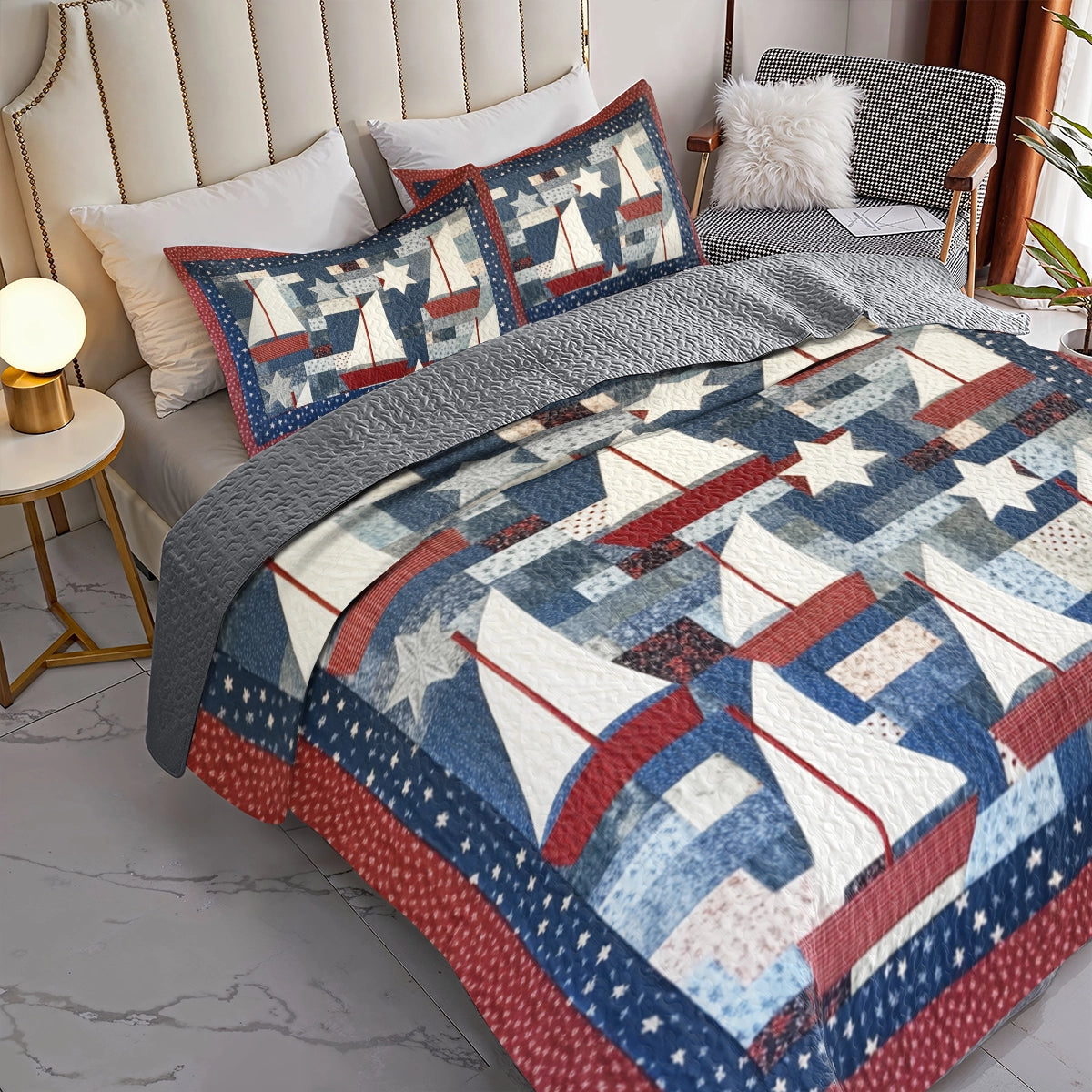 Shineful All Season Quilt 3-Piece Set Sailing Patriotic Sailboats