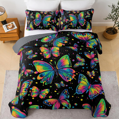 Shineful All Season Quilt 3-Piece Set - Neon Butterfly Dreams