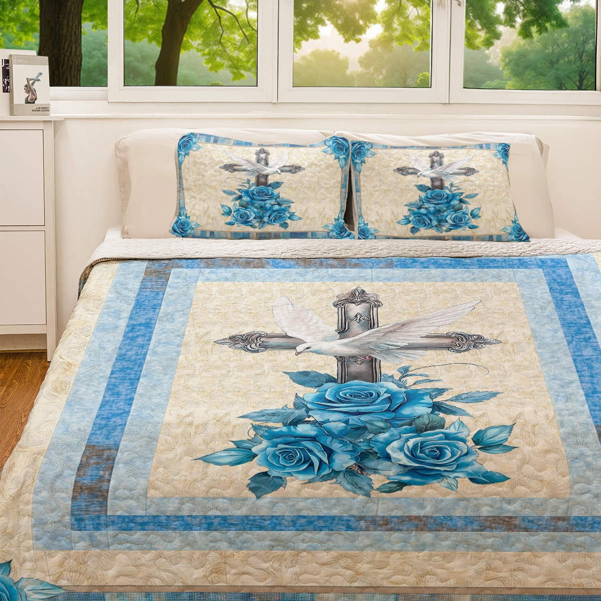 Shineful All Season Quilt 3-Piece Set - God Blue Rose Faith