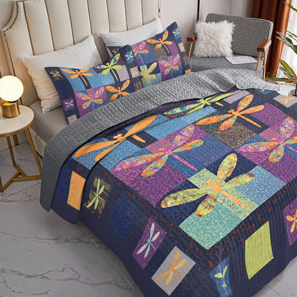 Shineful All Season Quilt 3-Piece Set Dragonfly Patchwork Paradise