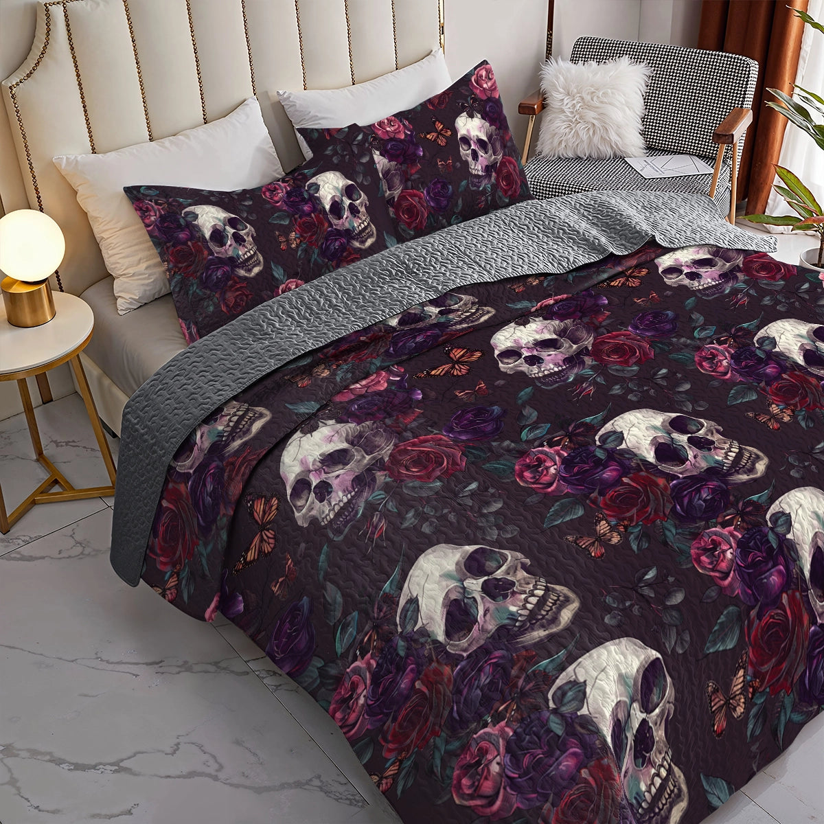 Shineful All Season Quilt 3-Piece Set Gothic Rose Skull