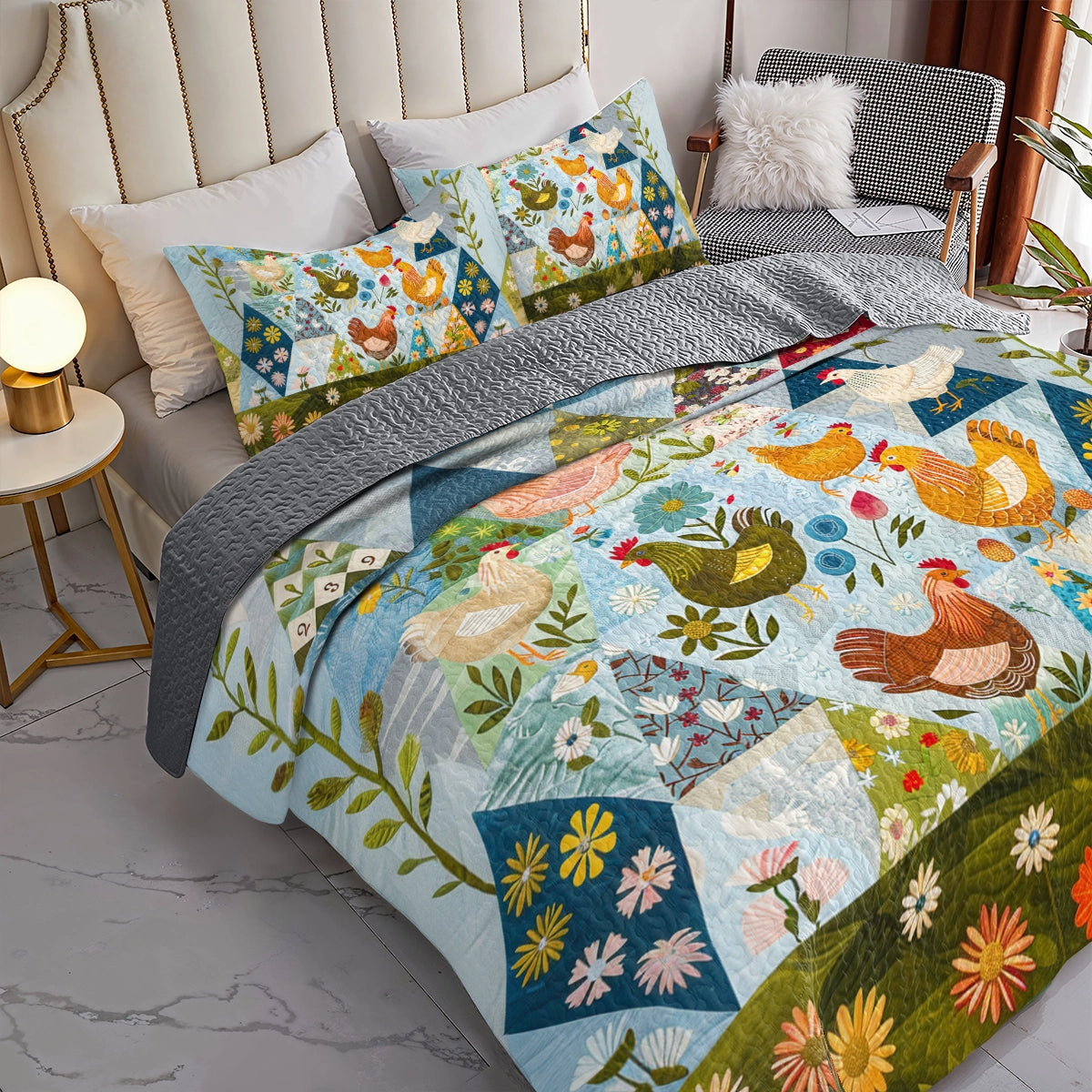 Shineful All Season Quilt 3-teiliges Set Country Garden Chicken