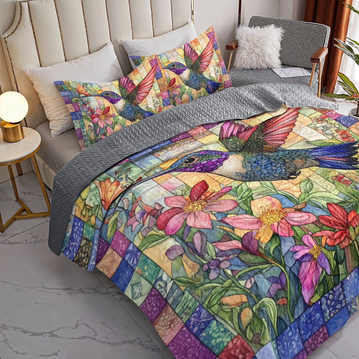 Shineful All Season Quilt 3-Piece Set Vibrant Hummingbird Garden