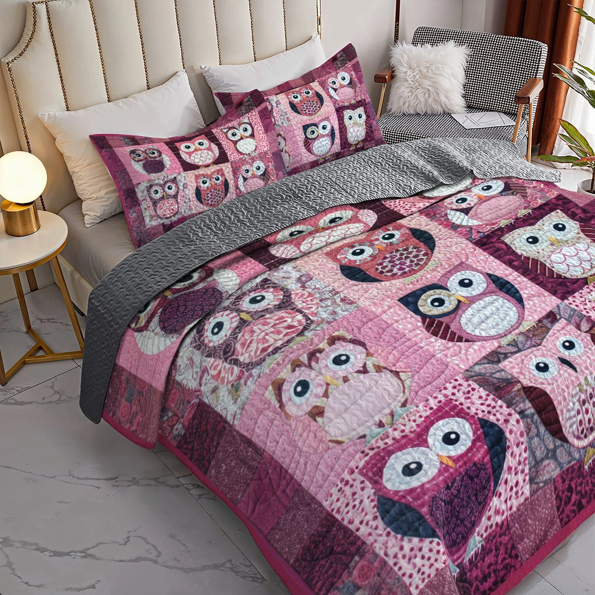 Shineful All Season Quilt 3-Piece Set Charming Pink Owl