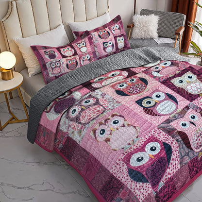 Shineful All Season Quilt 3-Piece Set Charming Pink Owl