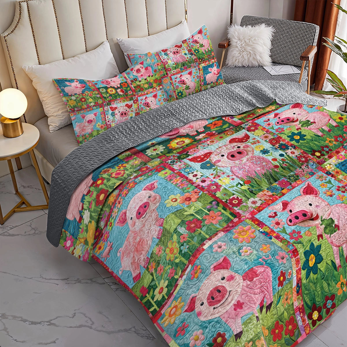 Shineful All Season Quilt 3-Piece Set Piggy Paradise Floral