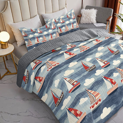 Shineful All Season Quilt 3-Piece Set Sailing Sailboat Serenity