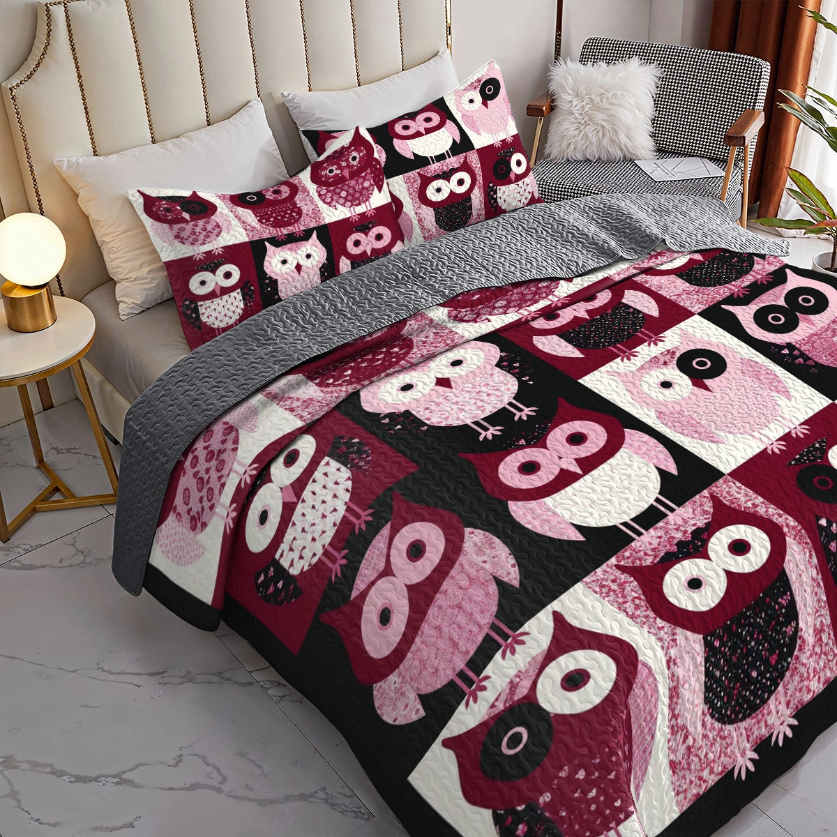 Shineful All Season Quilt 3-Piece Set Delightful Pink Owl