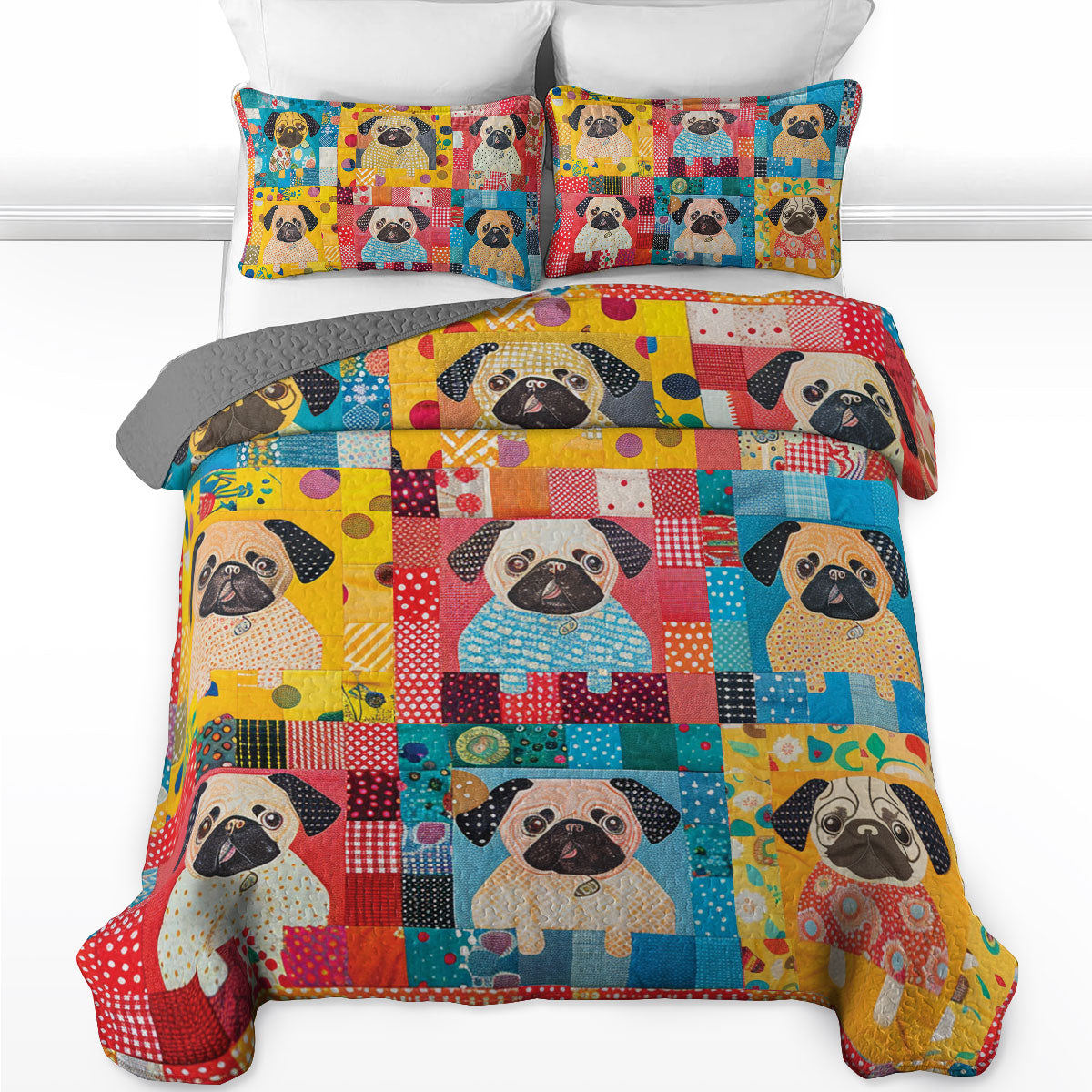 Shineful All Season Quilt 3-Piece Set Lovely Colorful Pug