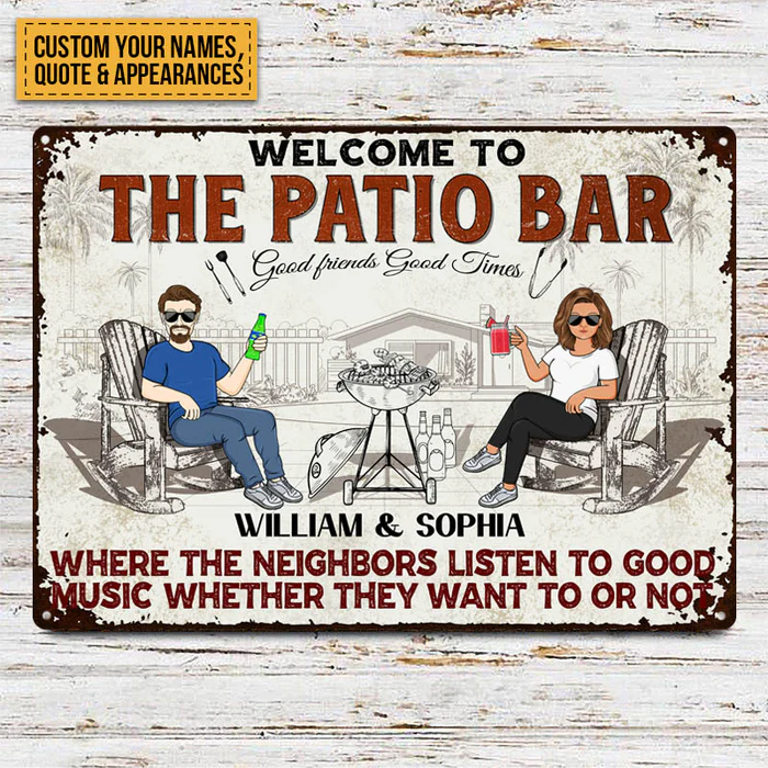 Shineful Patio Grilling Listen To The Good Music Couple Husband Wife – Schild für den Garten – personalisiertes, individuelles, klassisches Metallschild mit 2D-Flachdruck