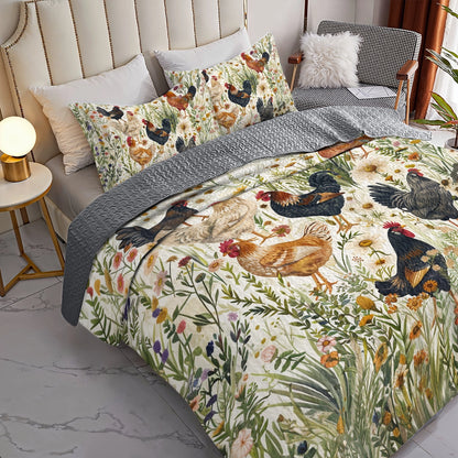 Shineful All Season Quilt 3-Piece Set Floral Rustic Chicken Meadow