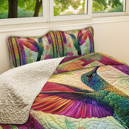 Shineful All Season Flat Print Quilt 3-Piece Set - Vibrant Mystic Hummingbird