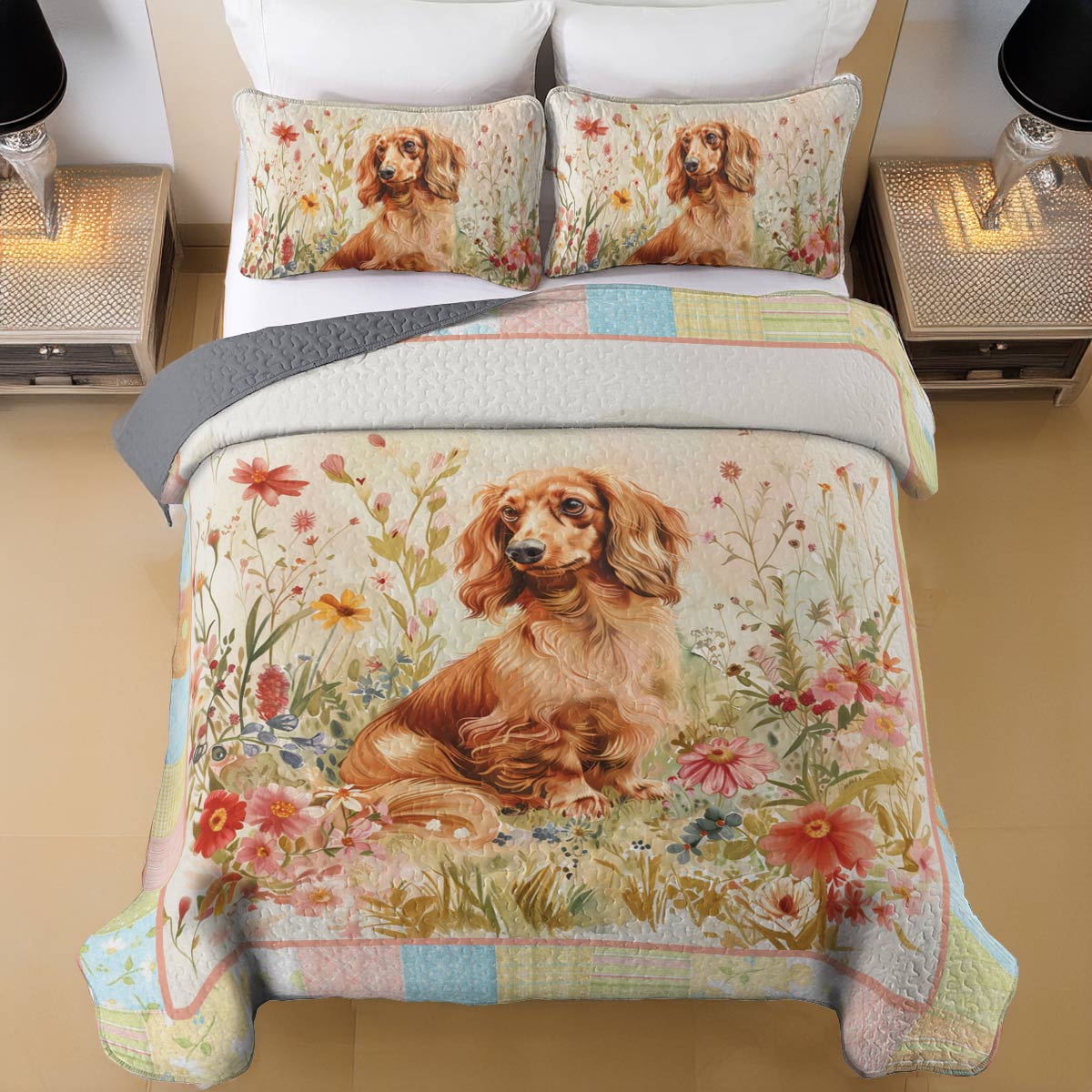 Shineful All Season Quilt 3-Piece Set Dachshund Garden Bliss