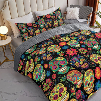 Shineful All Season Quilt 3-Piece Set Vibrant Calaveras Skull