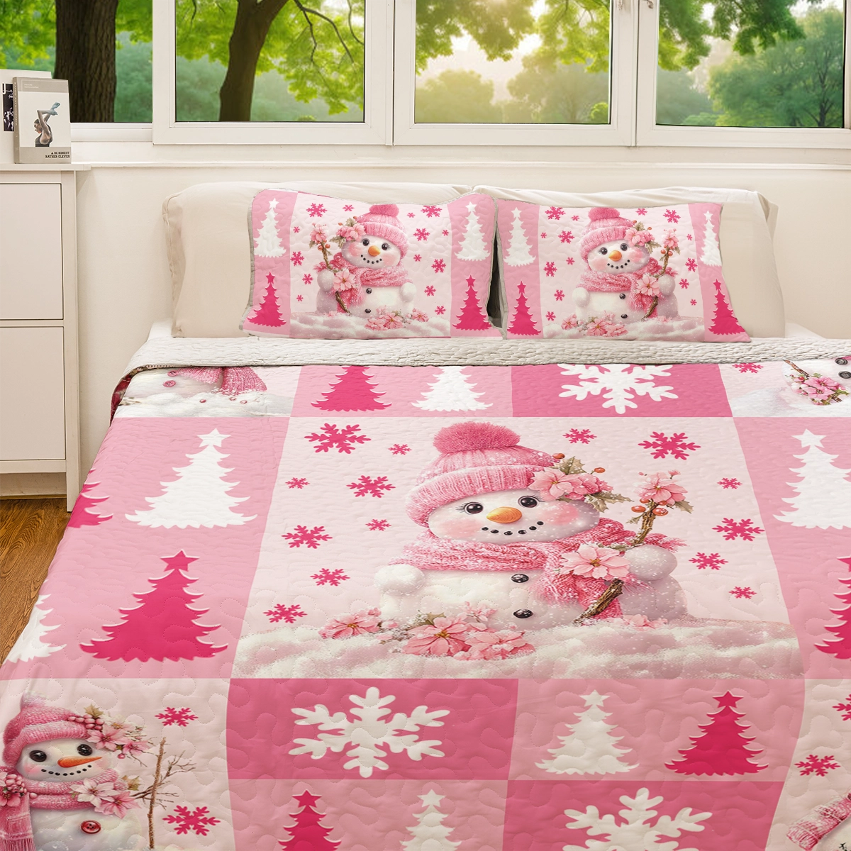 Shineful All Season Quilt 3-Piece Set - Christmas Pink Snowman