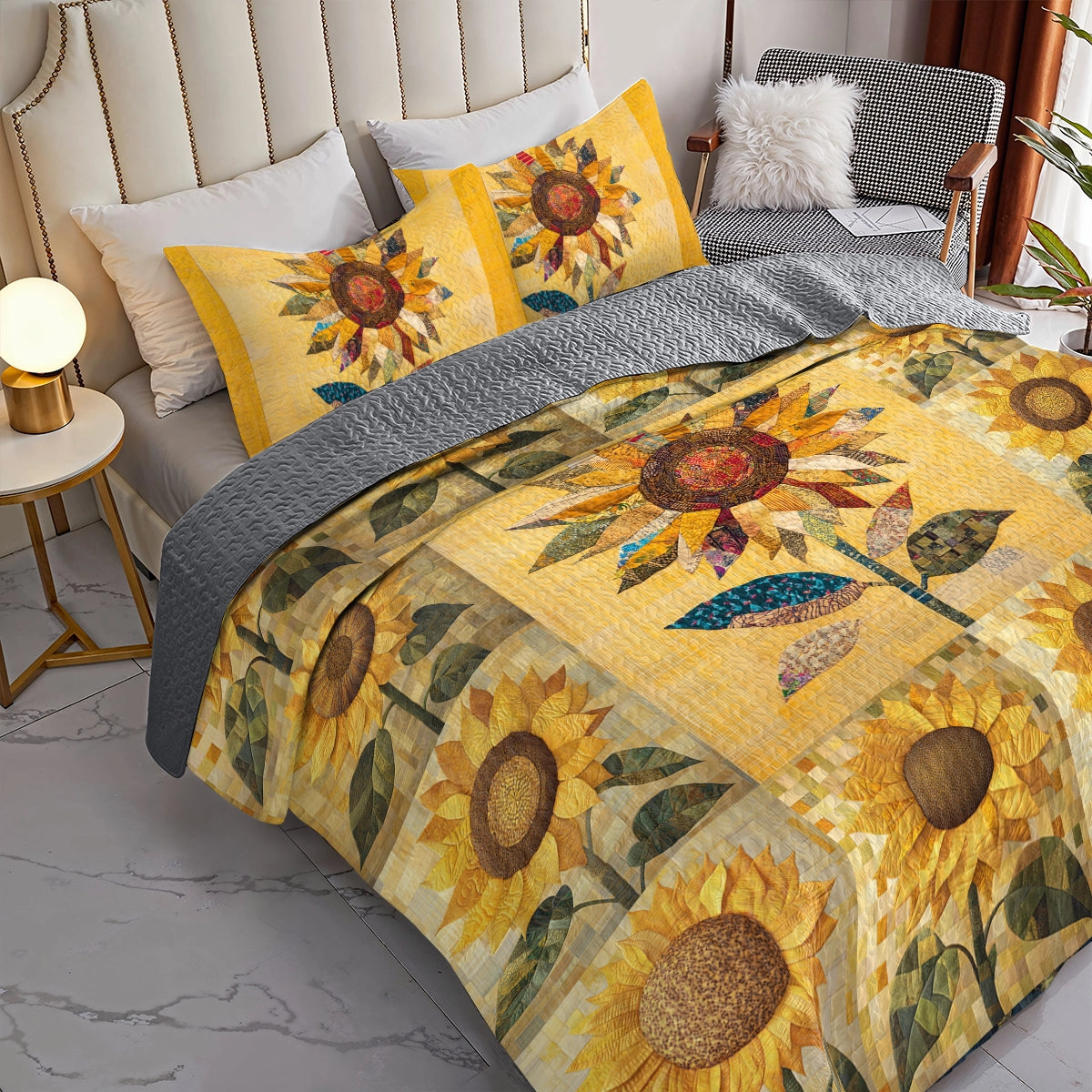 Shineful All Season Quilt 3-teiliges Set Golden Patchwork Sonnenblume