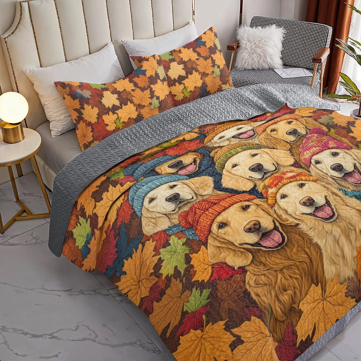 Shineful All Season Quilt 3-Piece Set Golden Pups Autumn