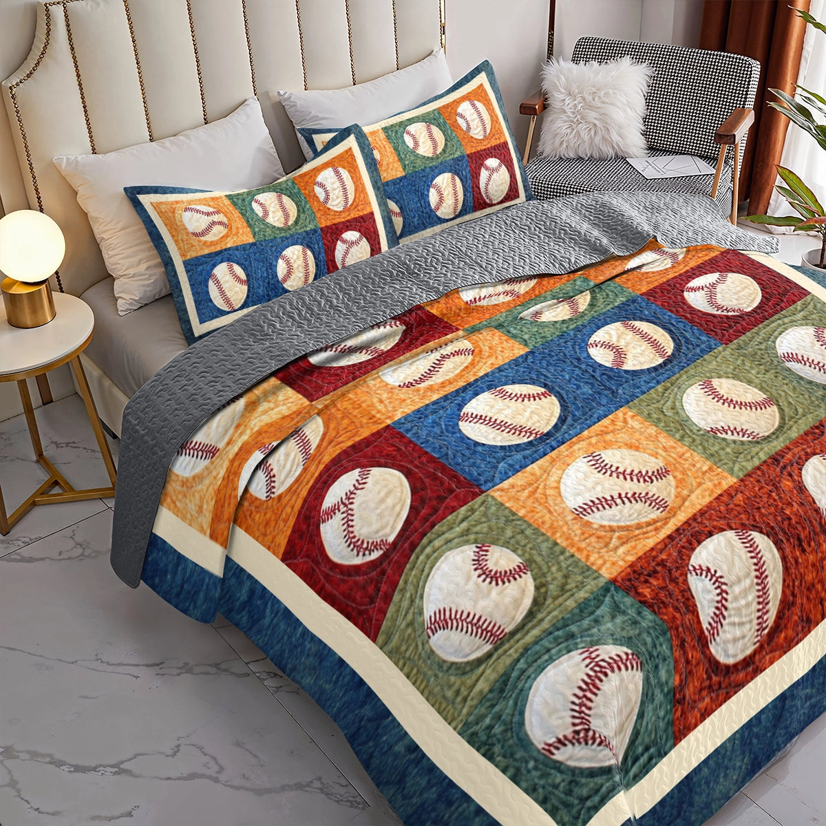 Shineful All Season Quilt 3-teiliges Set Baseball Vintage Ballpark Patchwork