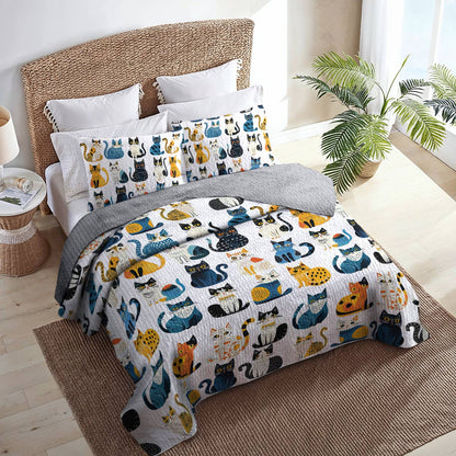 Shineful All Season Quilt 3-Piece Set Blue Pattern Cat