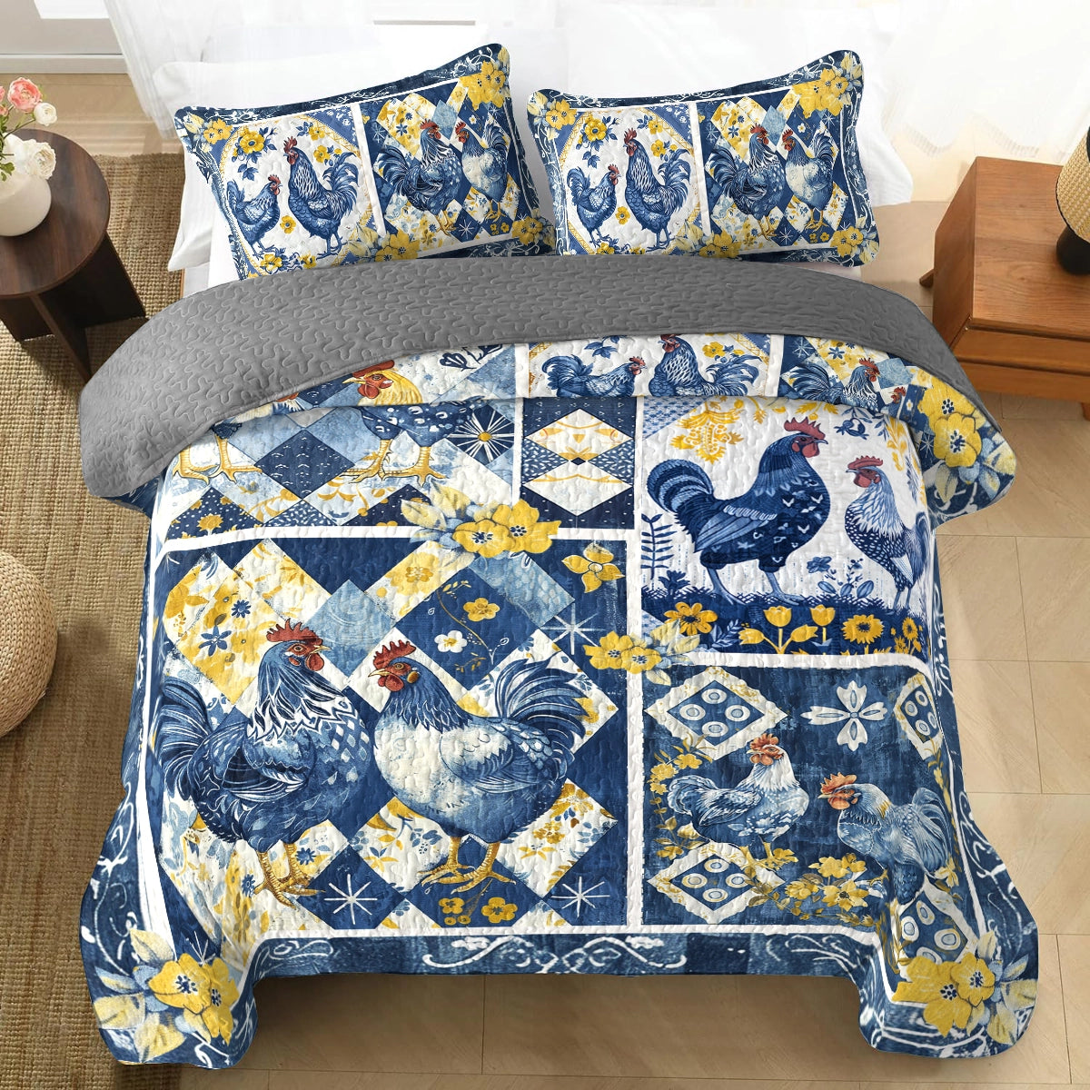 Shineful All Season Quilt 3-Piece Set Blue Rooster