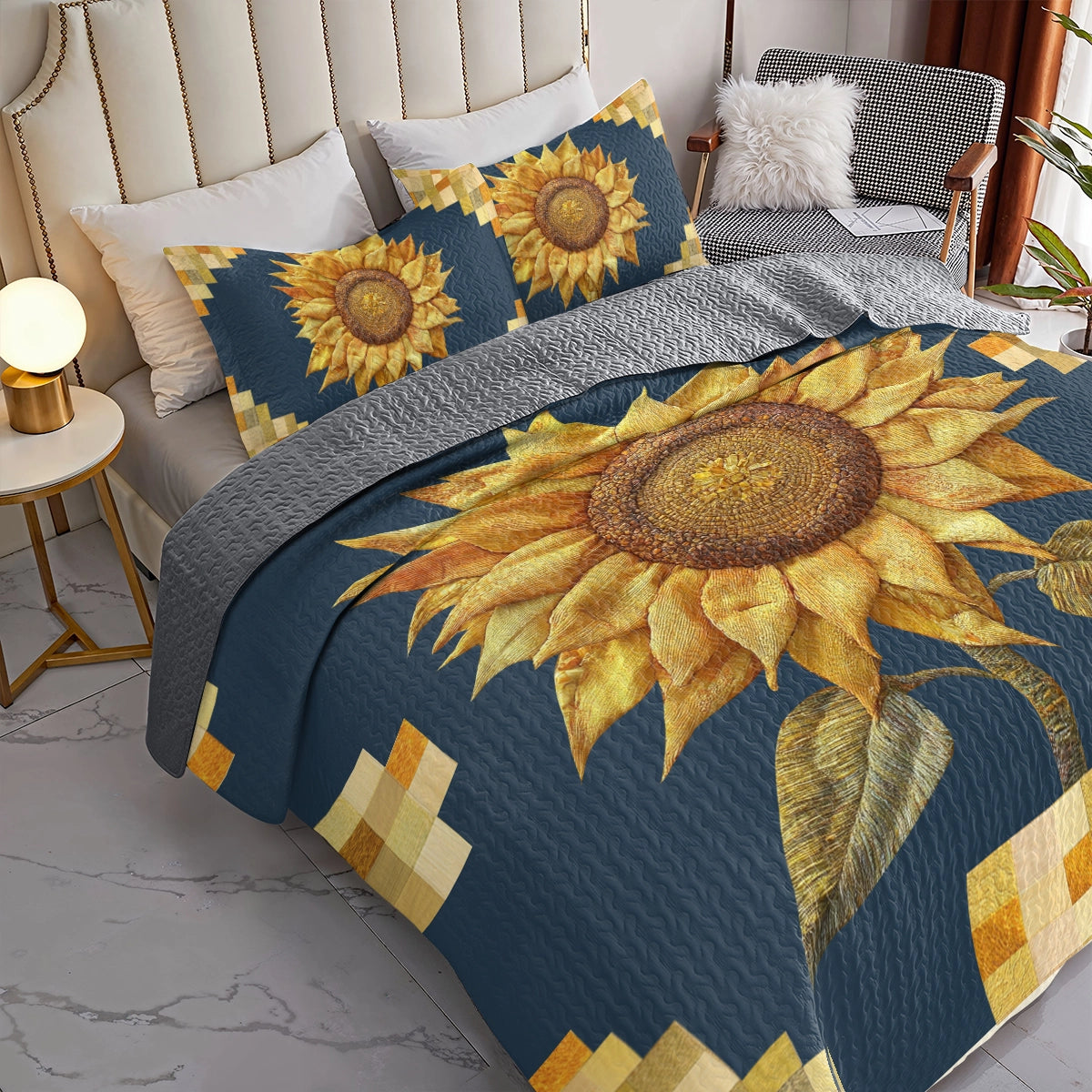 Shineful All Season Quilt 3-Piece Set Midnight Sunflower