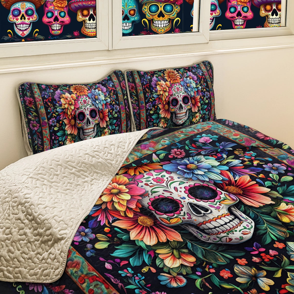 Shineful All Season Quilt 3-Piece Set Sugar Skull Blossom