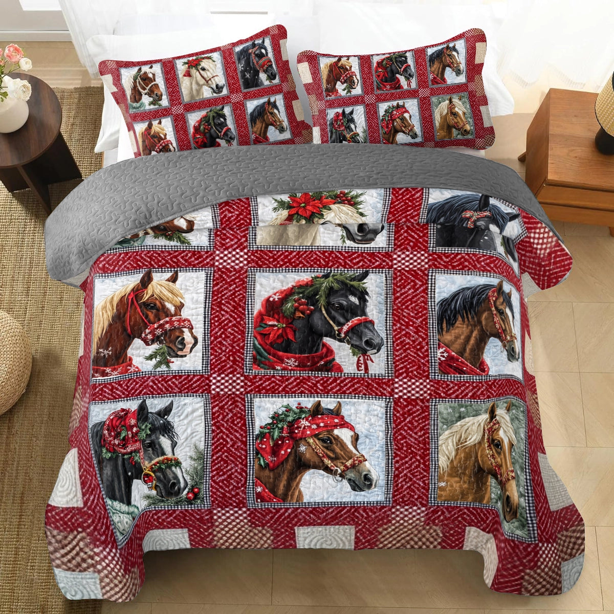 Shineful All Season Quilt 3-Piece Set Horse Holiday Hoofbeats