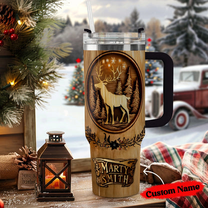 Shineful Glossy Tumbler Personalized Reindeer Woodcut Christmas