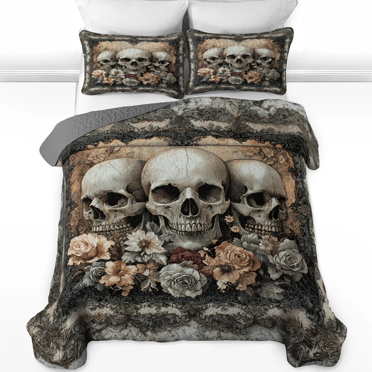 Shineful All Season Quilt 3-Piece Set - Ethereal Skull Garden