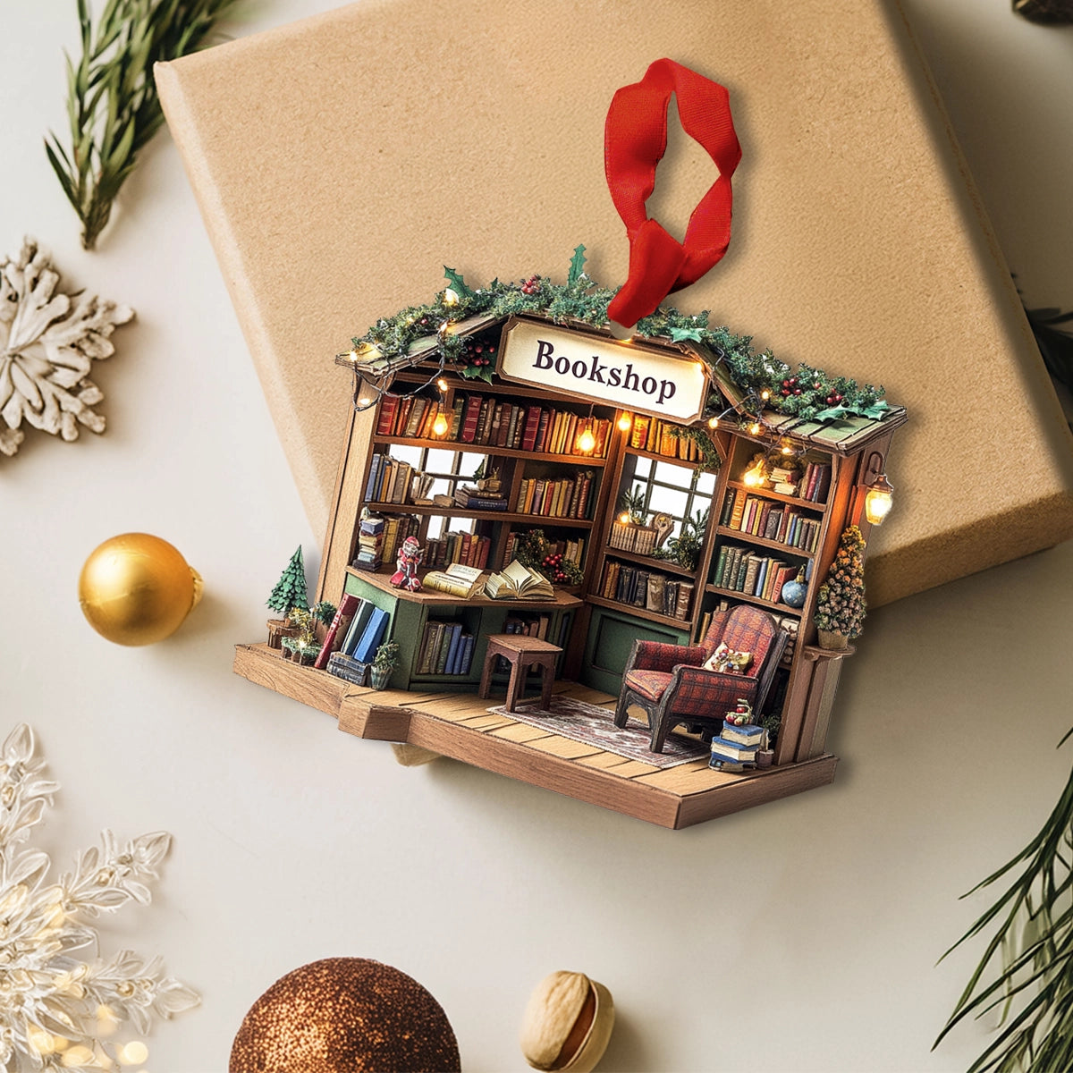 Glänzendes 2D-Acryl-Ornament Cozy Christmas Bookshop Corner 