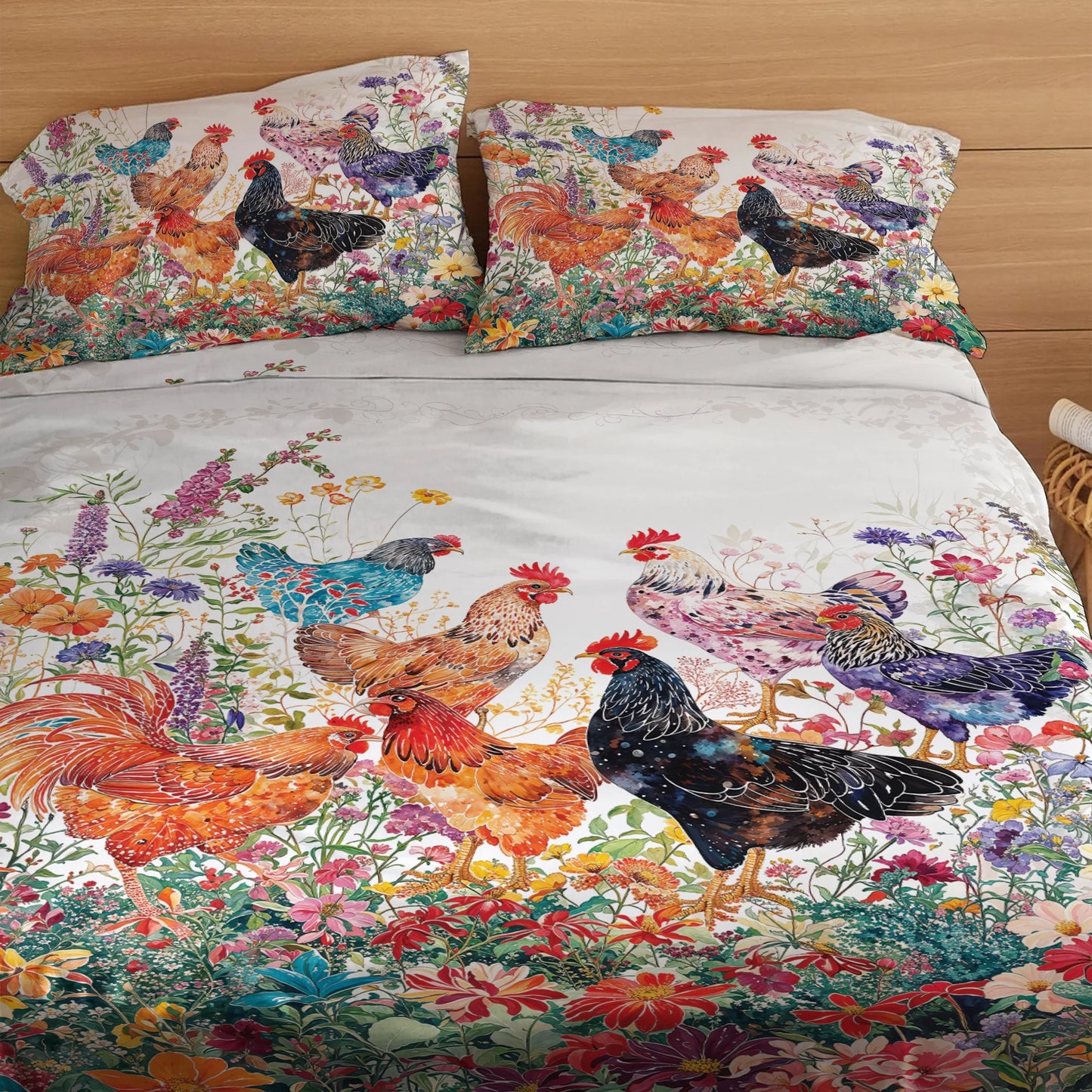 Shineful 4-Piece Bed Sheet Set - Chicken Rooster Garden Bliss