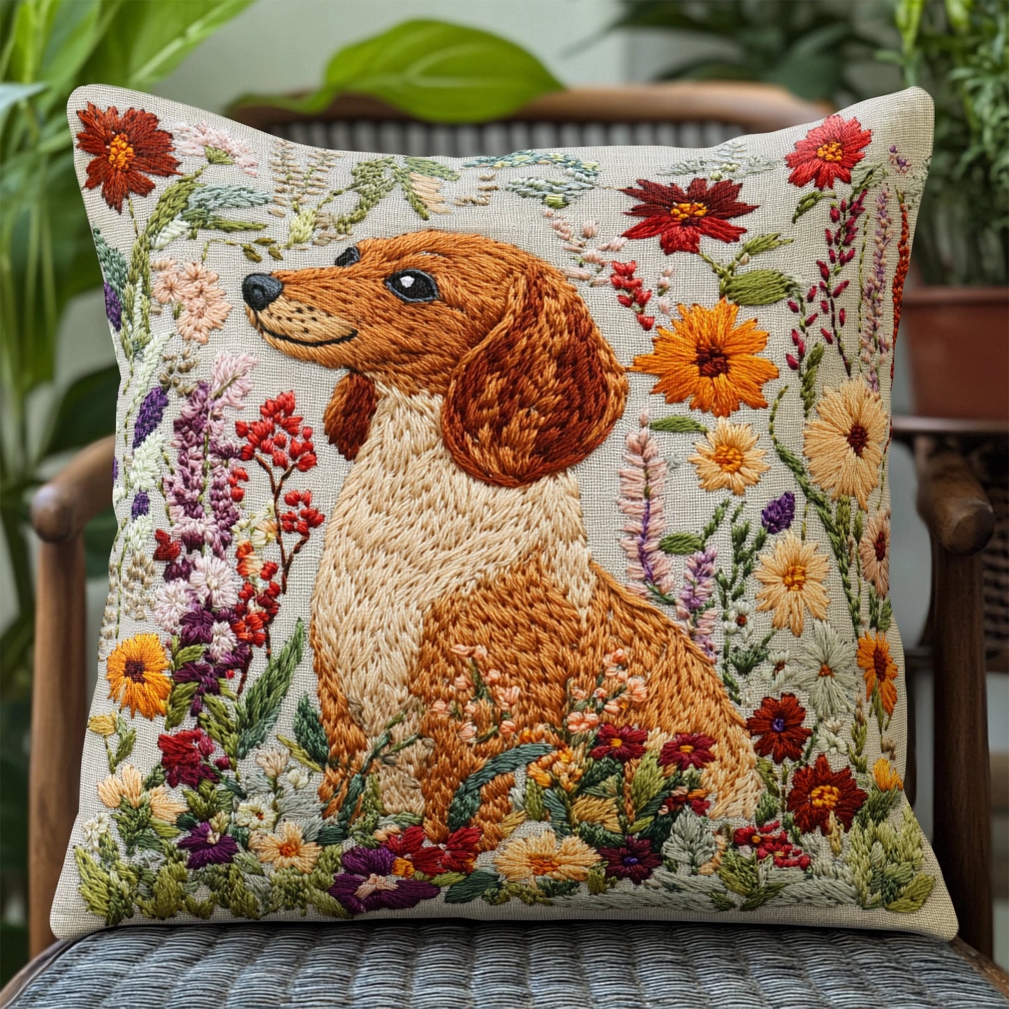 Shineful Pillow 2D Flat Print Dachshund Garden Companion