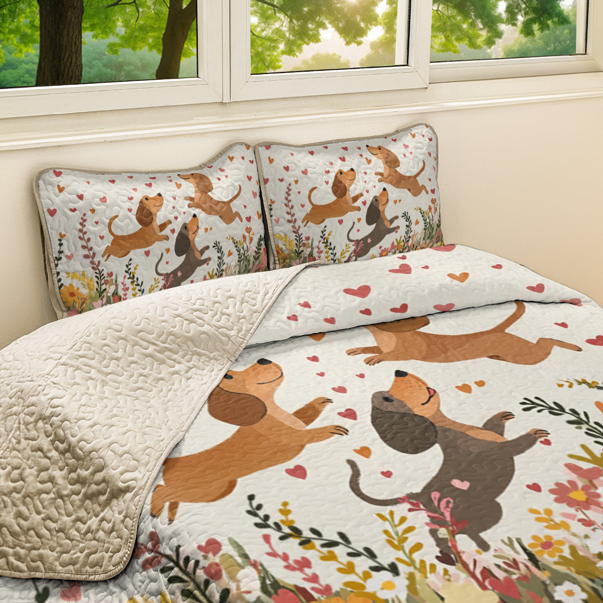 Shineful All Season Quilt 3-Piece Set Floral Dachshund With Heart