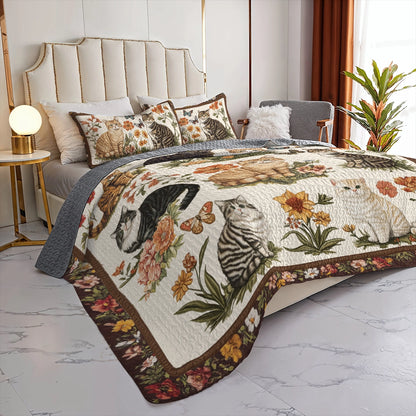 Shineful All Season Quilt 3-Piece Set Cat Floral Heaven