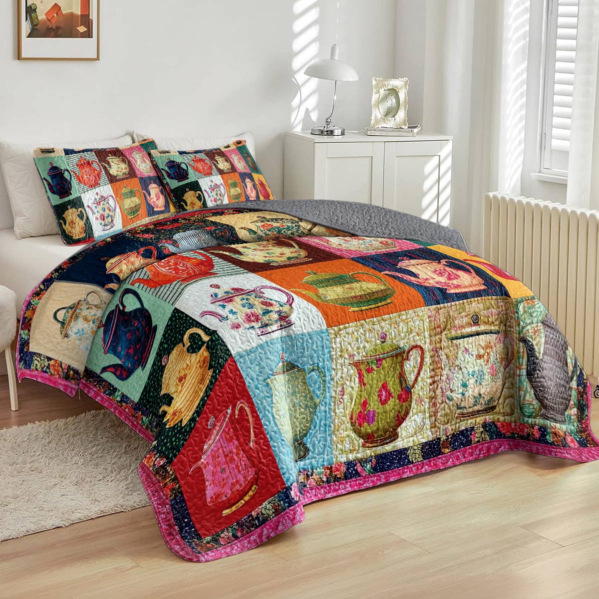 Shineful All Season Quilt 3-Piece Set - Vintage Teapot Patchwork