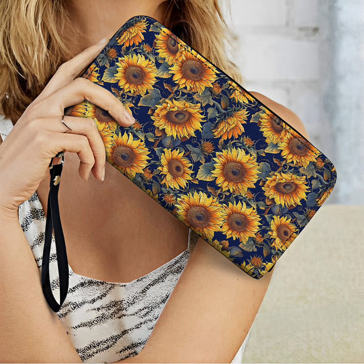 Shineful Leather Clutch Purse With Wristlet Strap Handle Sunflower Gorgeous Flower