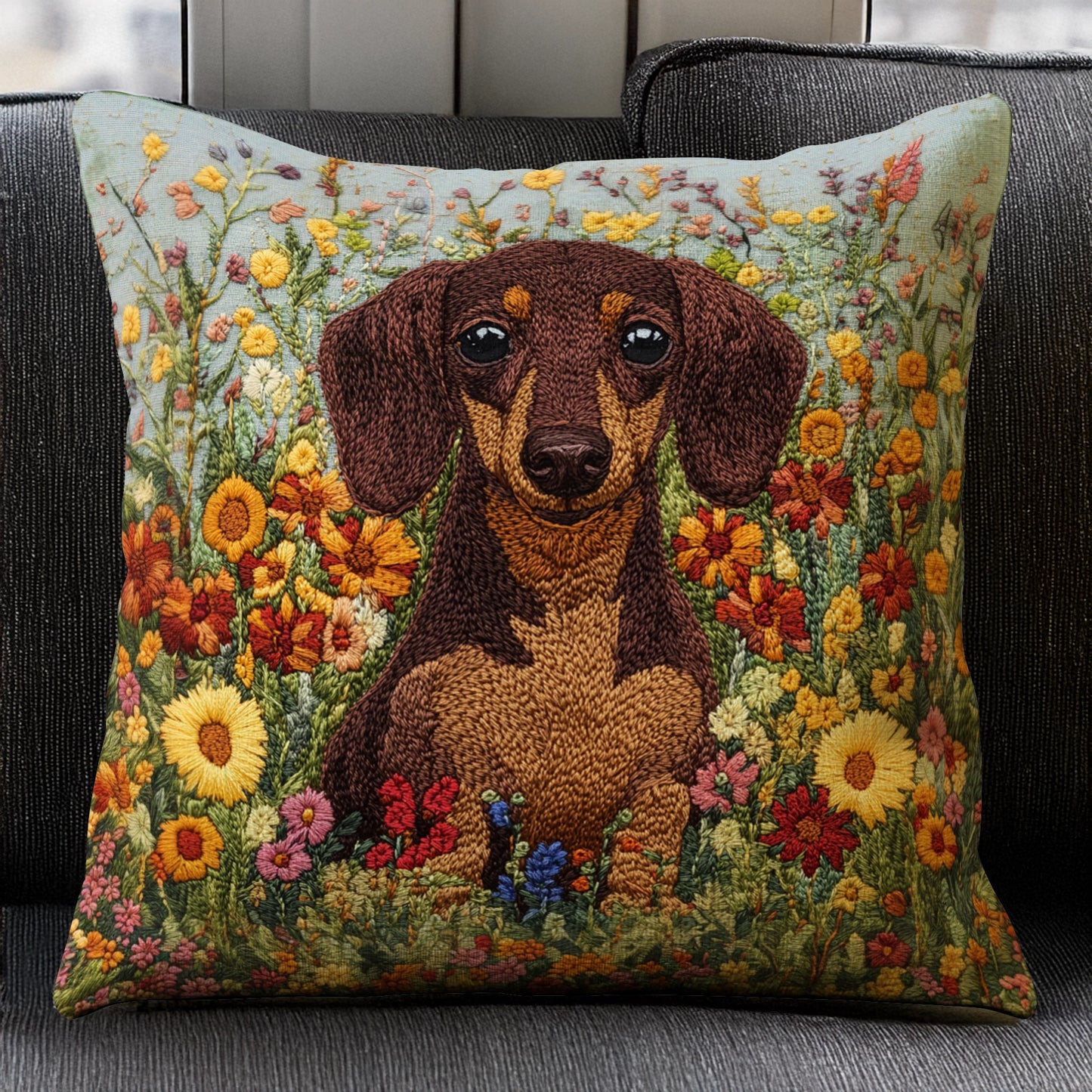 Shineful Pillow 2D Flat Print Dachshund Garden Bliss