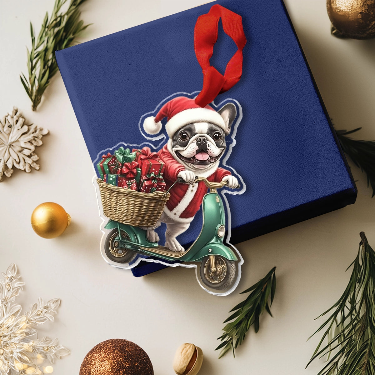 Glänzendes Acryl-Ornament Scooter Santa Frenchie