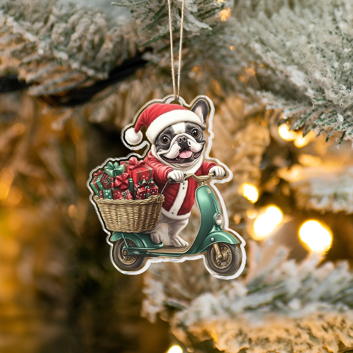 Glänzendes Acryl-Ornament Scooter Santa Frenchie