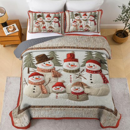 Shineful All Season Quilt 3-Piece Set - Flat Print Snowman Family