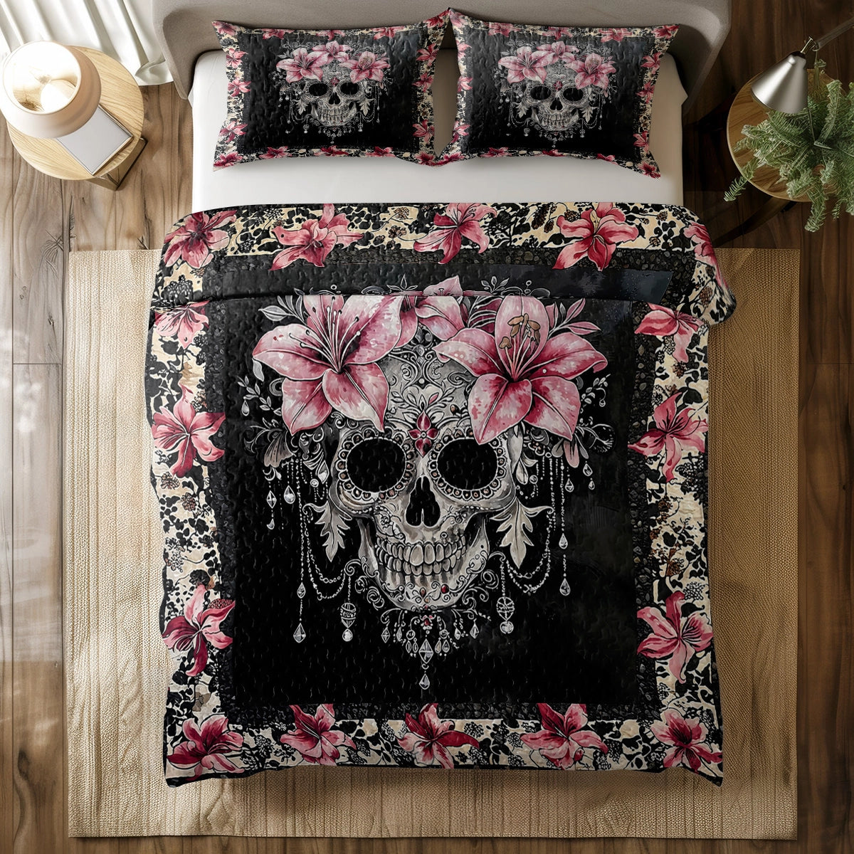 Shineful All Season Quilt 3-Piece Set - Beautiful Sugar Skull With Lilies