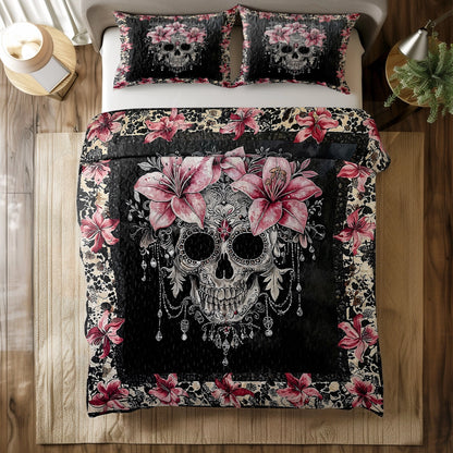 Shineful All Season Quilt 3-Piece Set - Beautiful Sugar Skull With Lilies