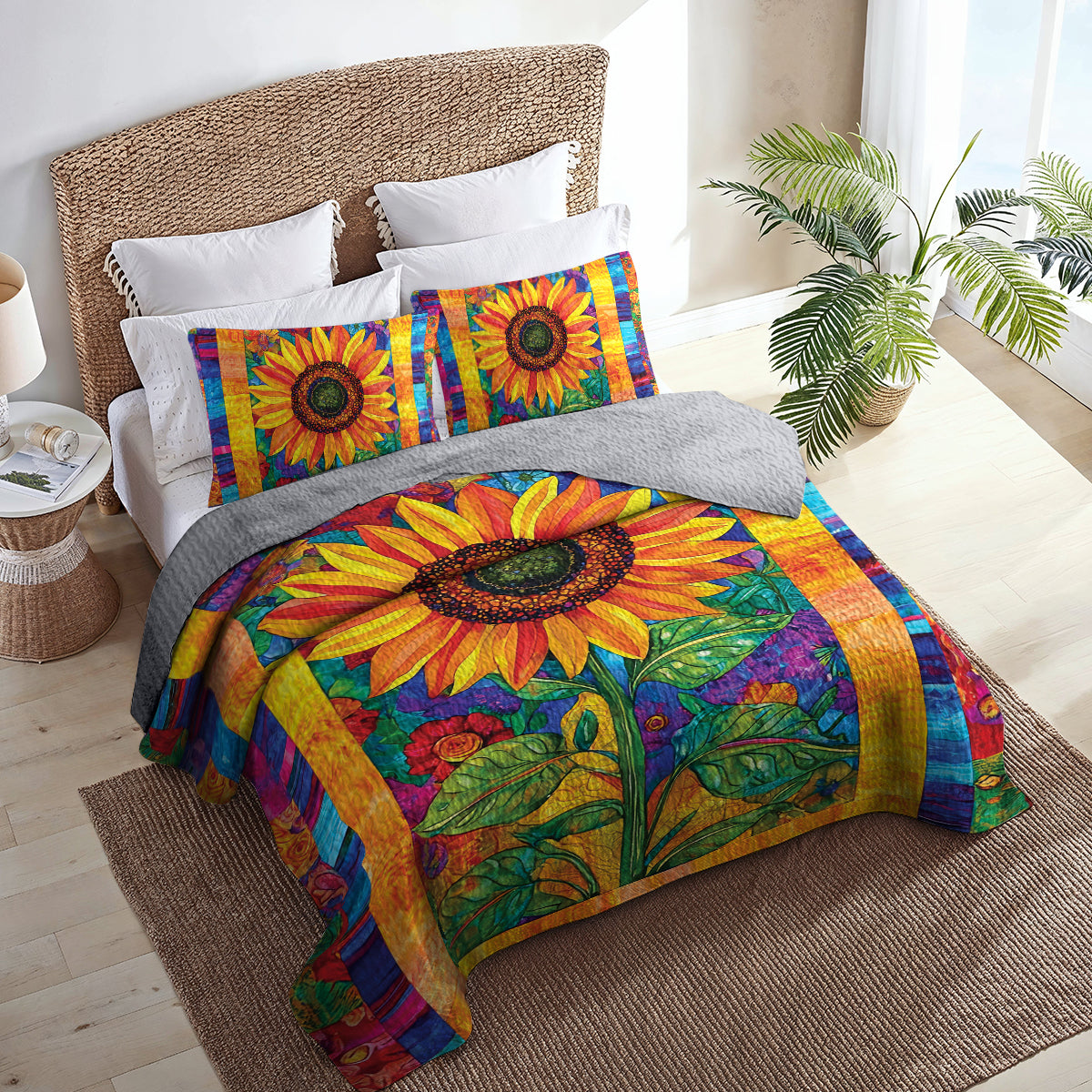 Shineful All Season Quilt 3-Piece Set Colorful Sunflower