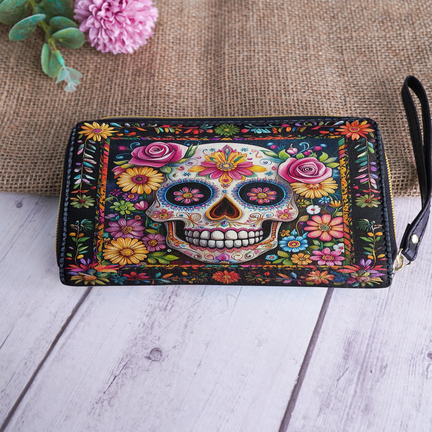 Shineful Leather Clutch Purse With Wristlet Strap Handle Calavera Floral Dreams