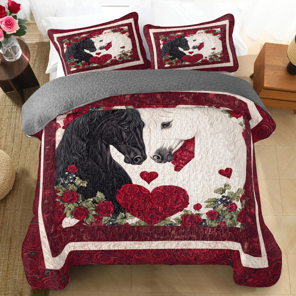 Shineful All Season Quilt 3-Piece Set Lovers’ Embrace Horse