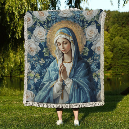 Shineful Woven Tapestry Throw Blanket Virgin Mary Floral Devotion