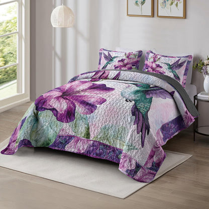 Shineful All Season Quilt 3-Piece Set Green Hummingbird & Purple Floral