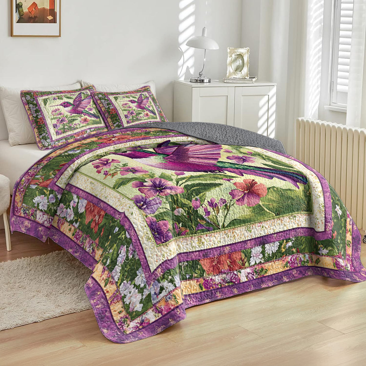 Shineful All Season Quilt 3-Piece Set Hummingbird Floral Flight